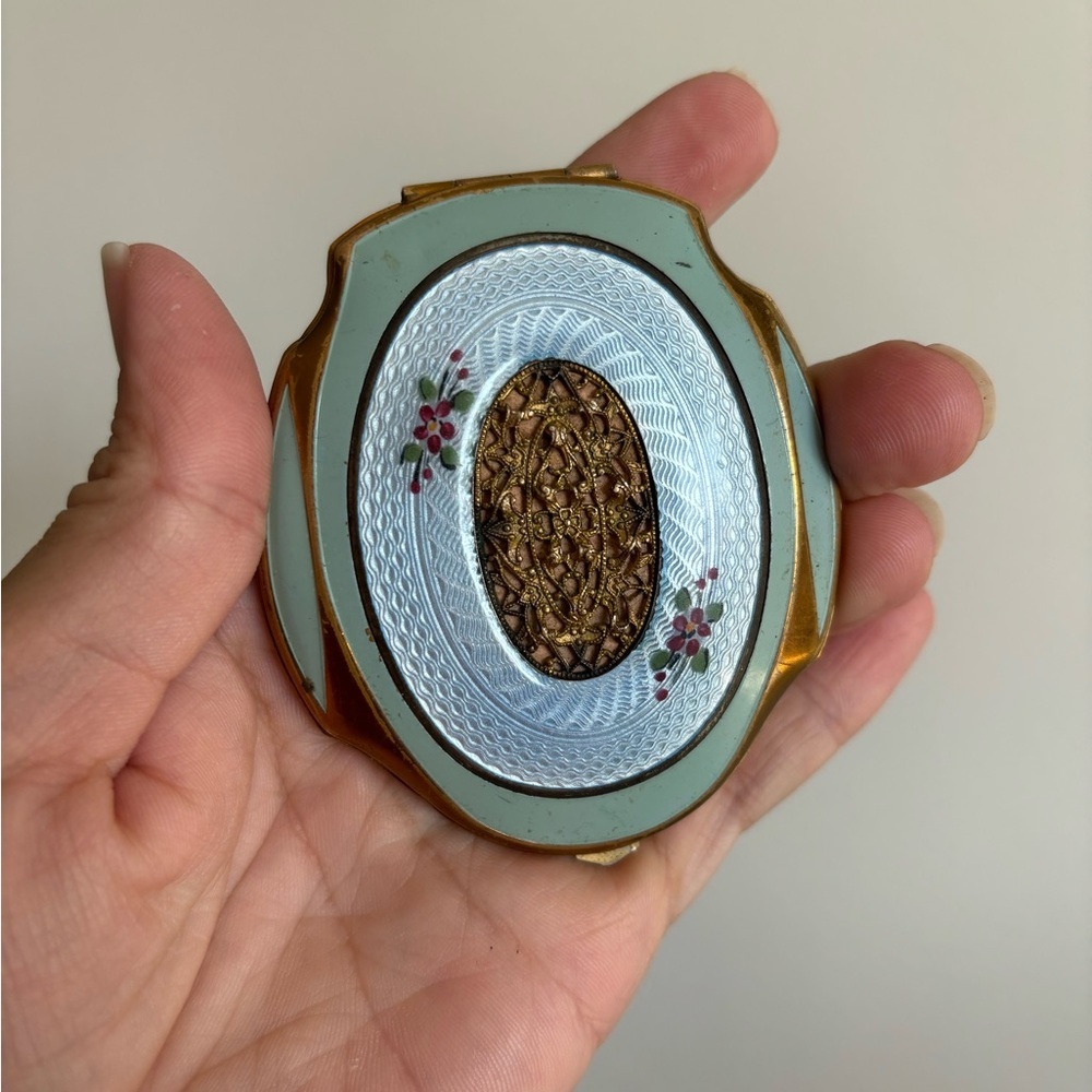 VTG 1930s Elgin American Enamel Brass Compact OG Powder & Rouge Guilloché Floral